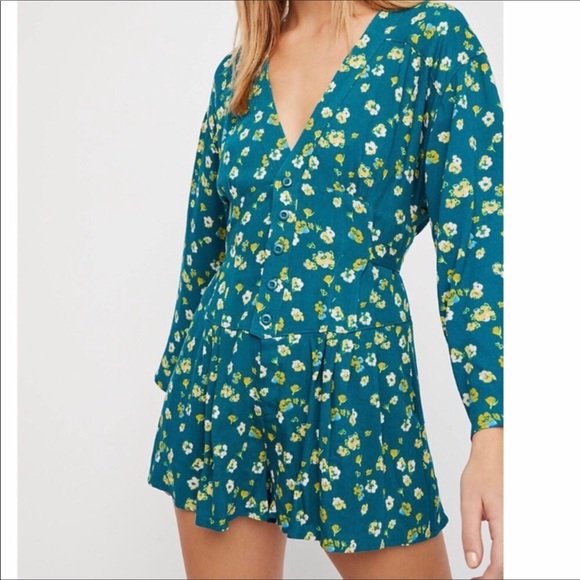 Free People NWOT L’Amour teal green floral romper - Picture 2 of 7